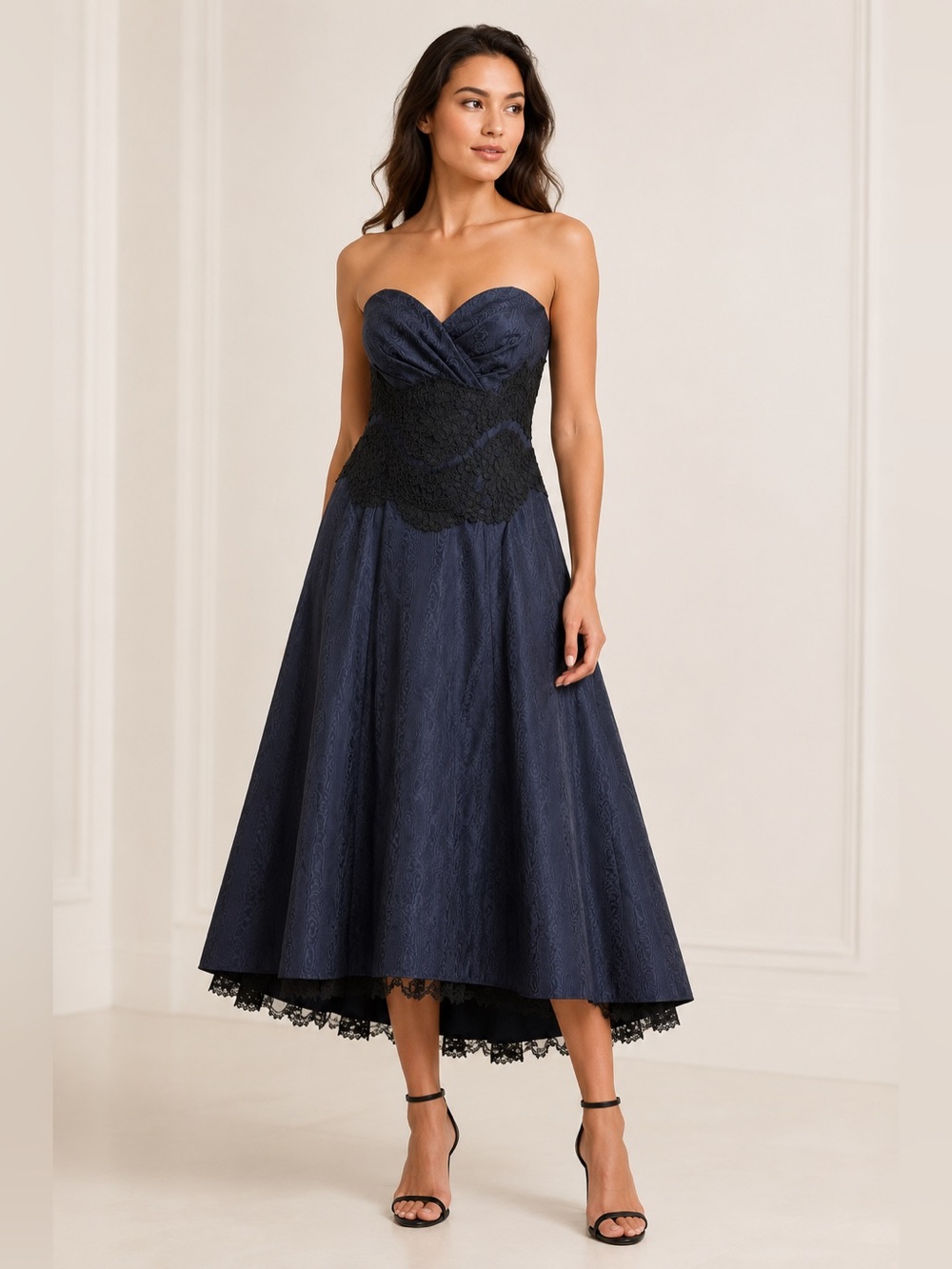 🌺 Carmen Marc Valvo x Bergdorf Goodman Navy Lace Corset Midi Dress